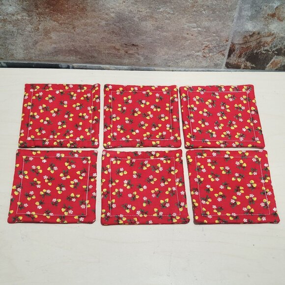 Fabric Coasters Mug Rugs Set of 6 Cotton Red Floral - Picture 3 of 8